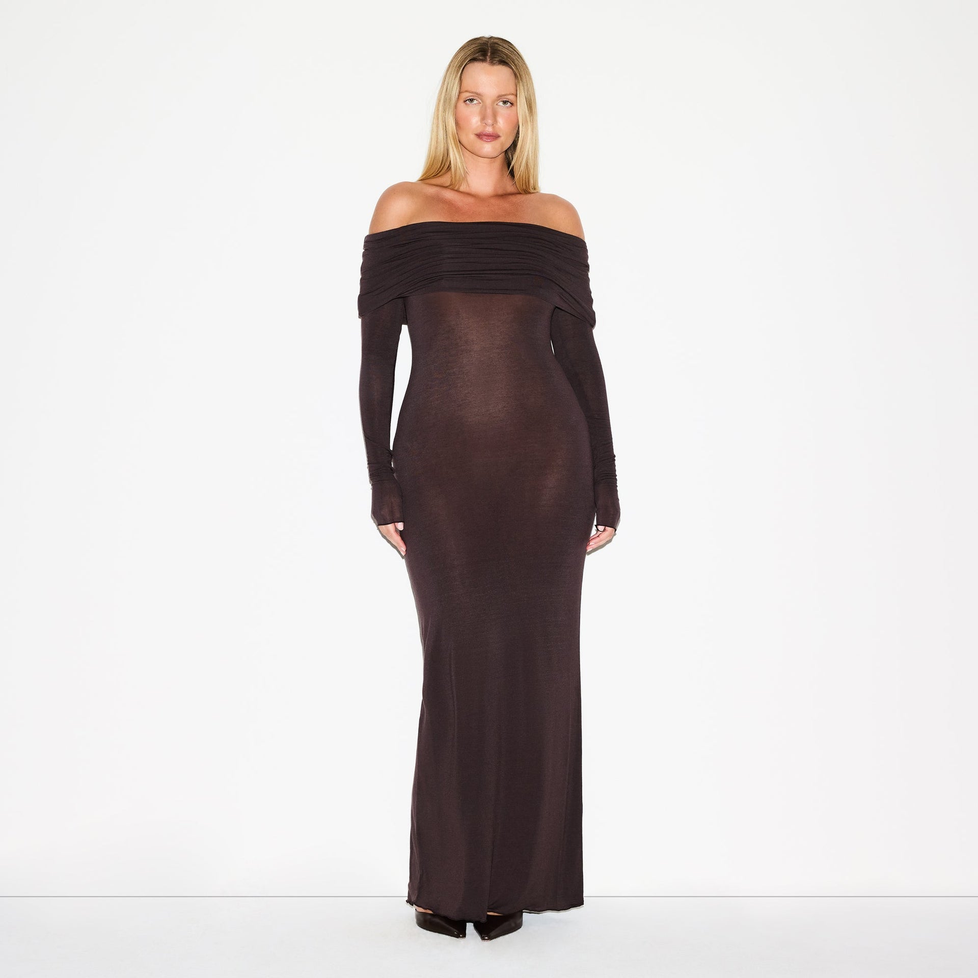 SHEER MODAL OFF SHOULDER LONG DRESS | PHOENIX