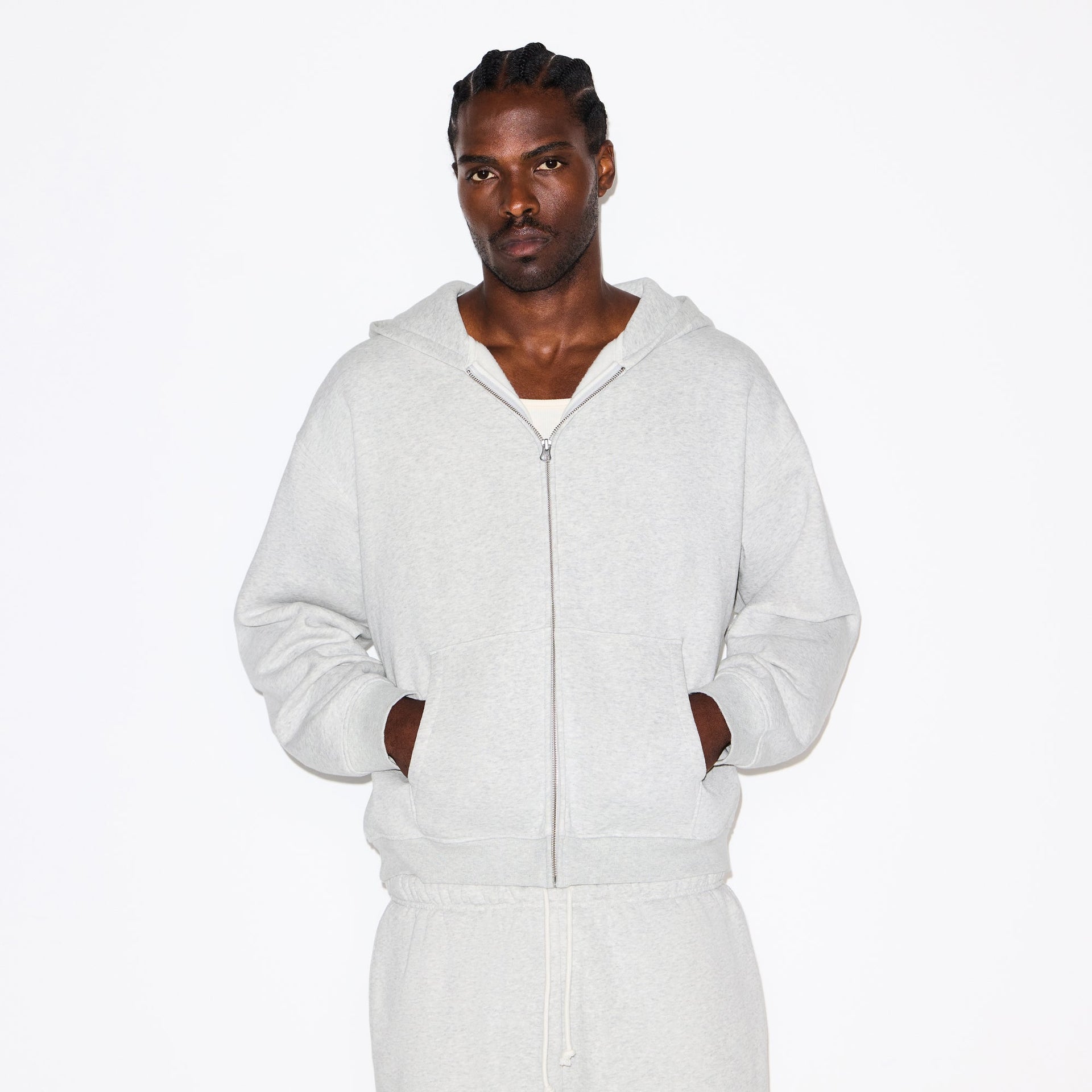 FLEECE LOUNGE MENS RELAXED ZIP UP HOODIE | LIGHT HEATHER GREY