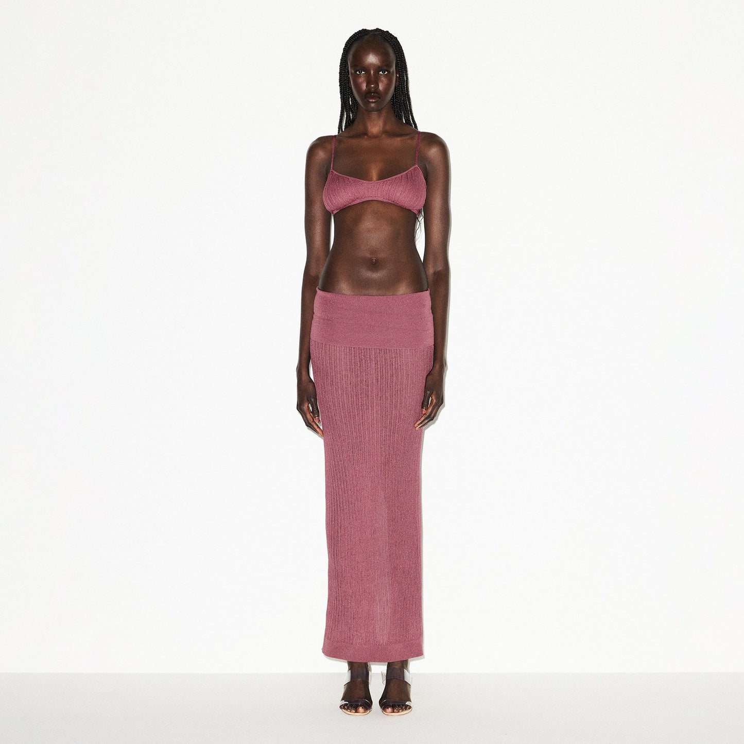 SHEER KNIT FOLDOVER LONG SKIRT | BEET