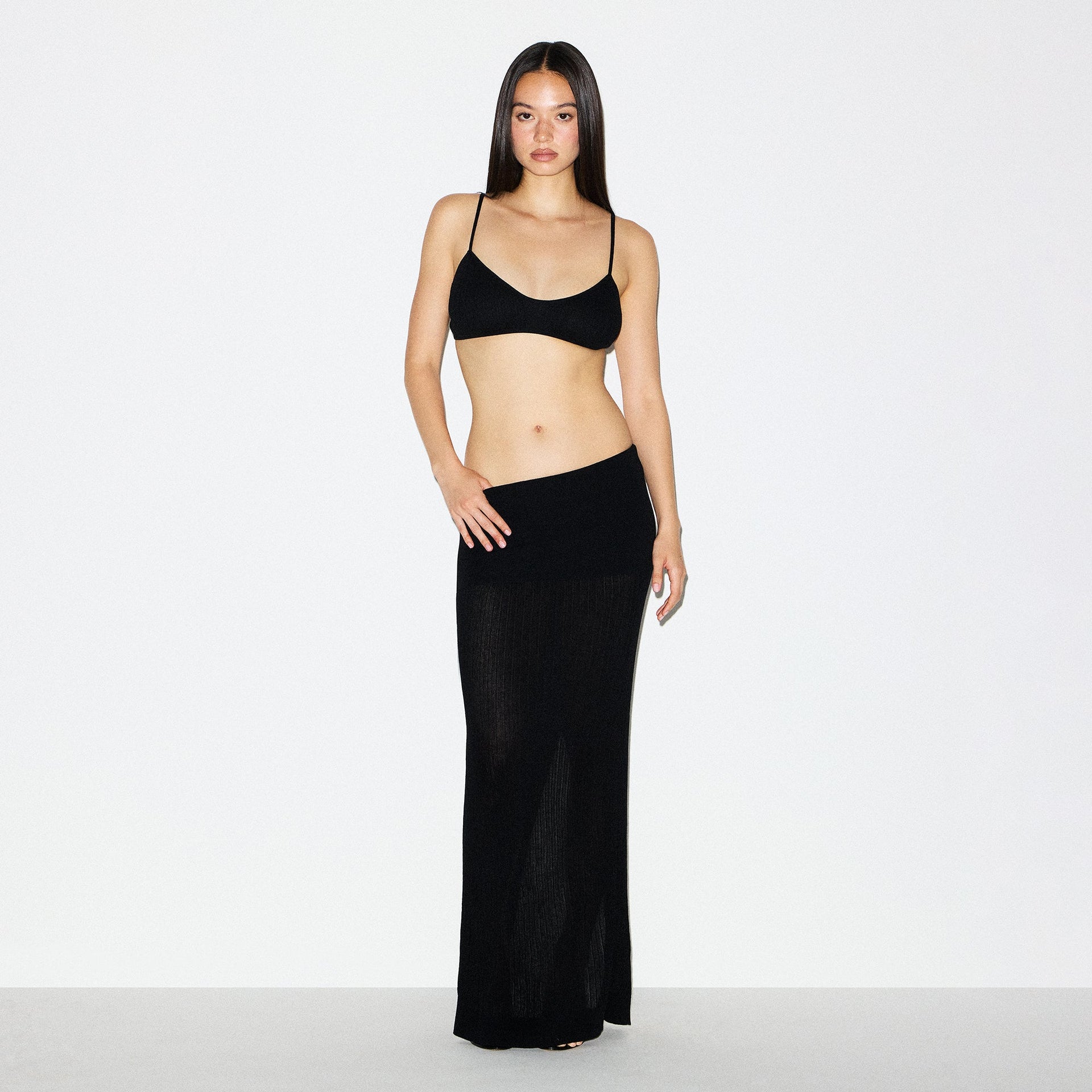 SHEER KNIT FOLDOVER LONG SKIRT | ONYX