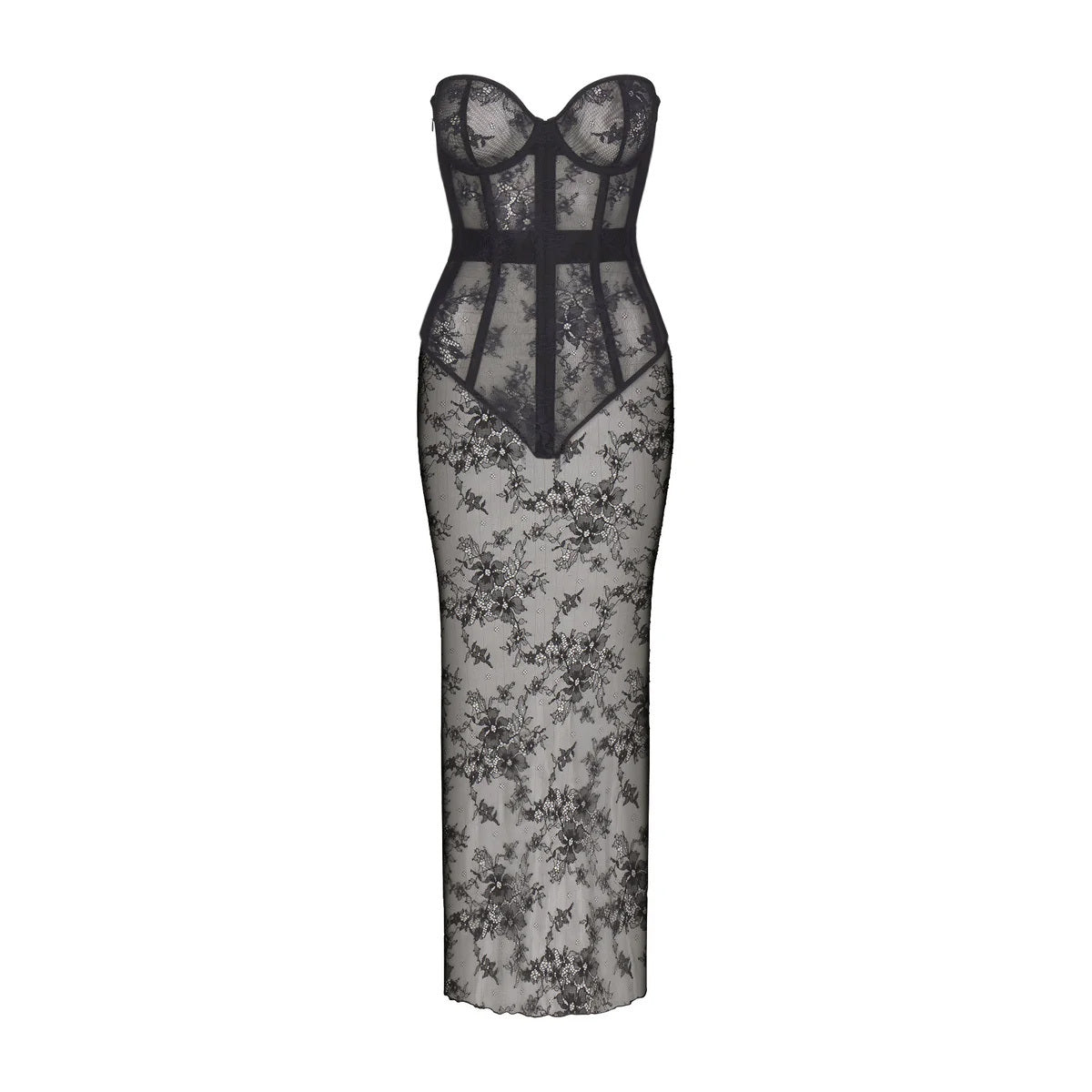 ULTRA FINE LACE STRAPLESS CORSET LONG DRESS | ONYX