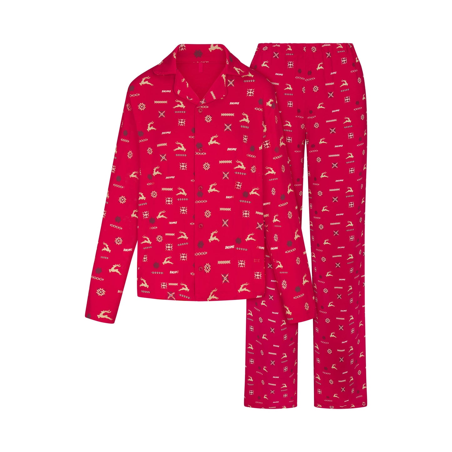 SKIMS SLEEP LONG SLEEVE BUTTON UP SET | CRANBERRY VINTAGE DEER PRINT