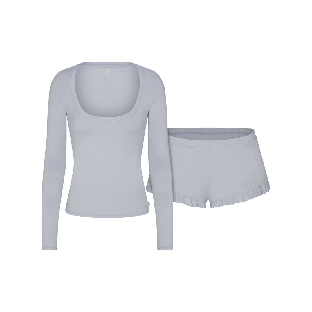 SKIMS SLEEP SCOOP NECK TOP AND SHORT SLEEP SET | ZEN BLUE