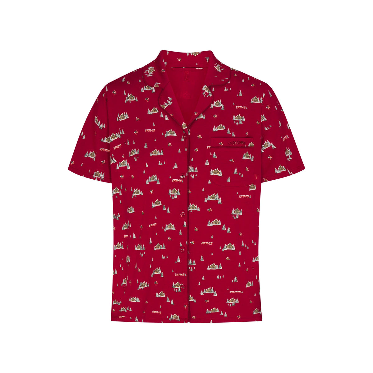 SKIMS SLEEP SHORT SLEEVE BUTTON UP SET | BRICK FROSTY CABIN