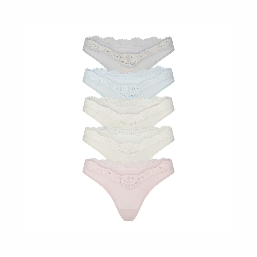 FITS EVERYBODY LACE DIPPED THONG 5-PACK | IVORY PEARL BOW MULTI