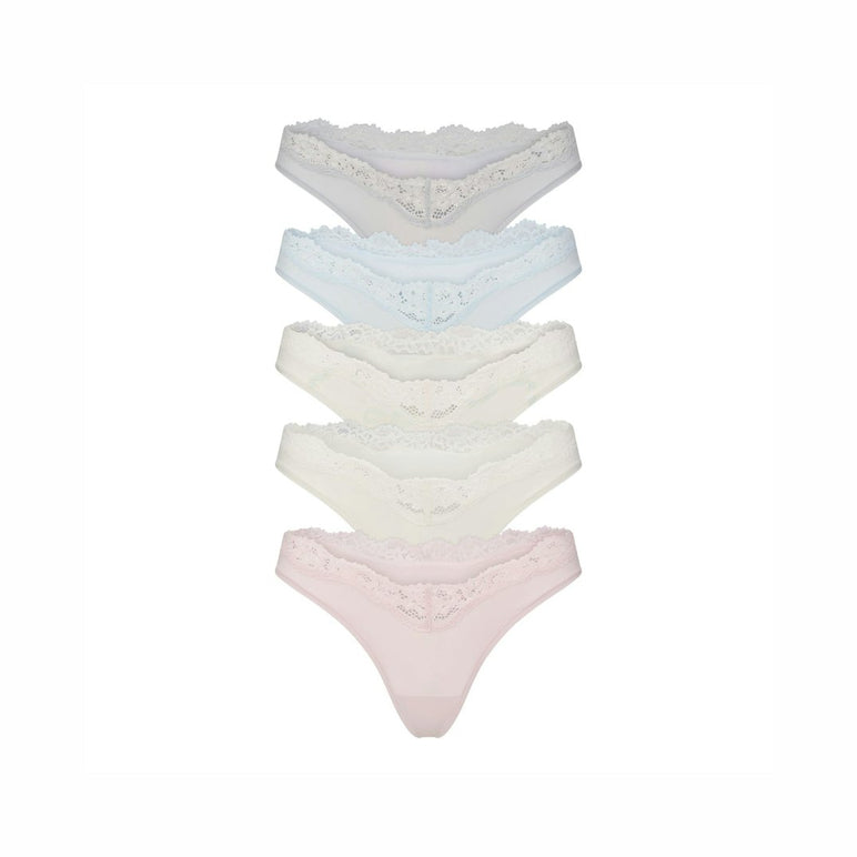 FITS EVERYBODY LACE DIPPED THONG 5-PACK | IVORY PEARL BOW MULTI