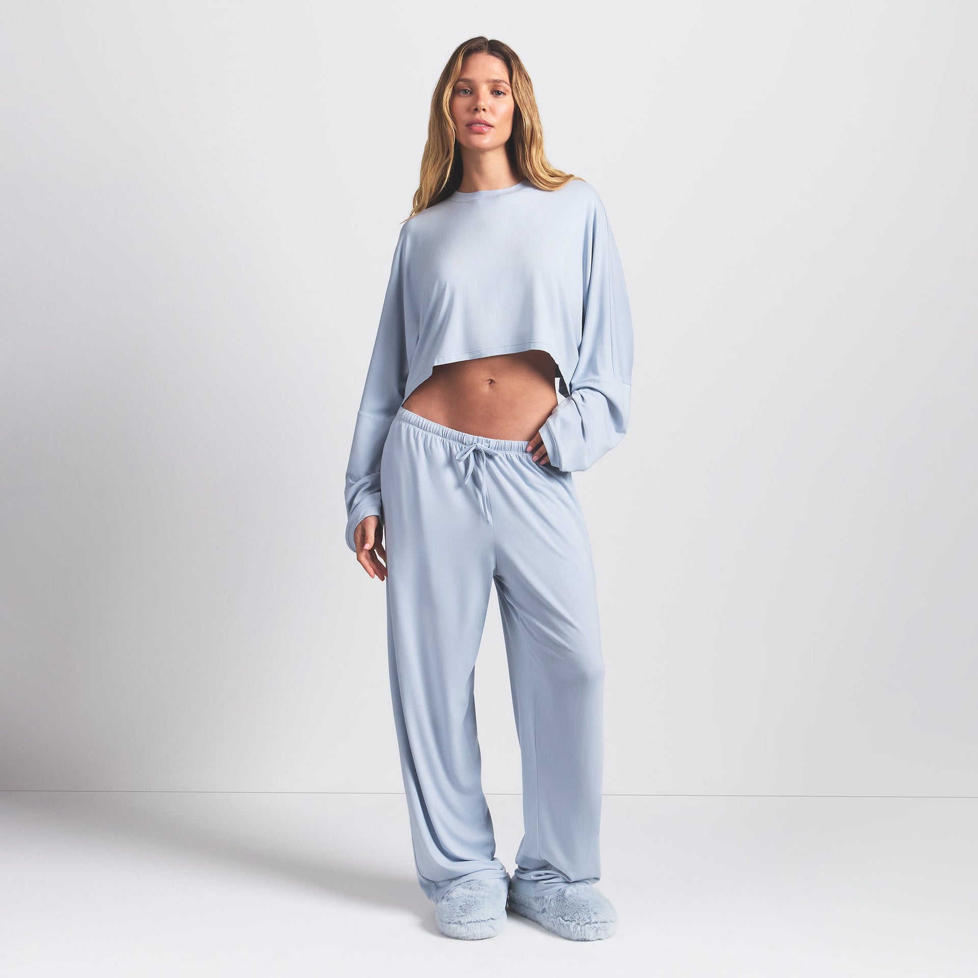 SKIMS SLEEP CROPPED LONG SLEEVE AND PANT SET | ZEN BLUE