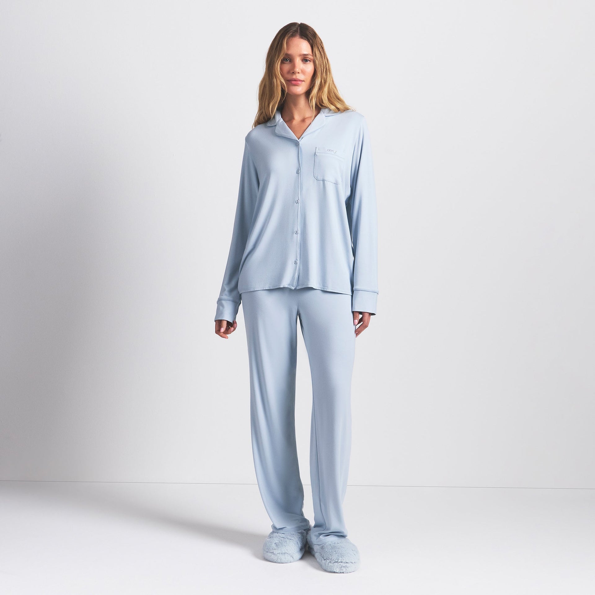SKIMS SLEEP LONG SLEEVE BUTTON UP SET | ZEN BLUE