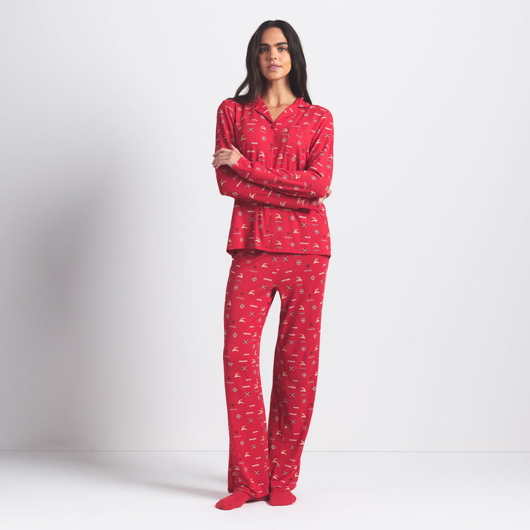 SKIMS SLEEP LONG SLEEVE BUTTON UP SET | CRANBERRY VINTAGE DEER PRINT
