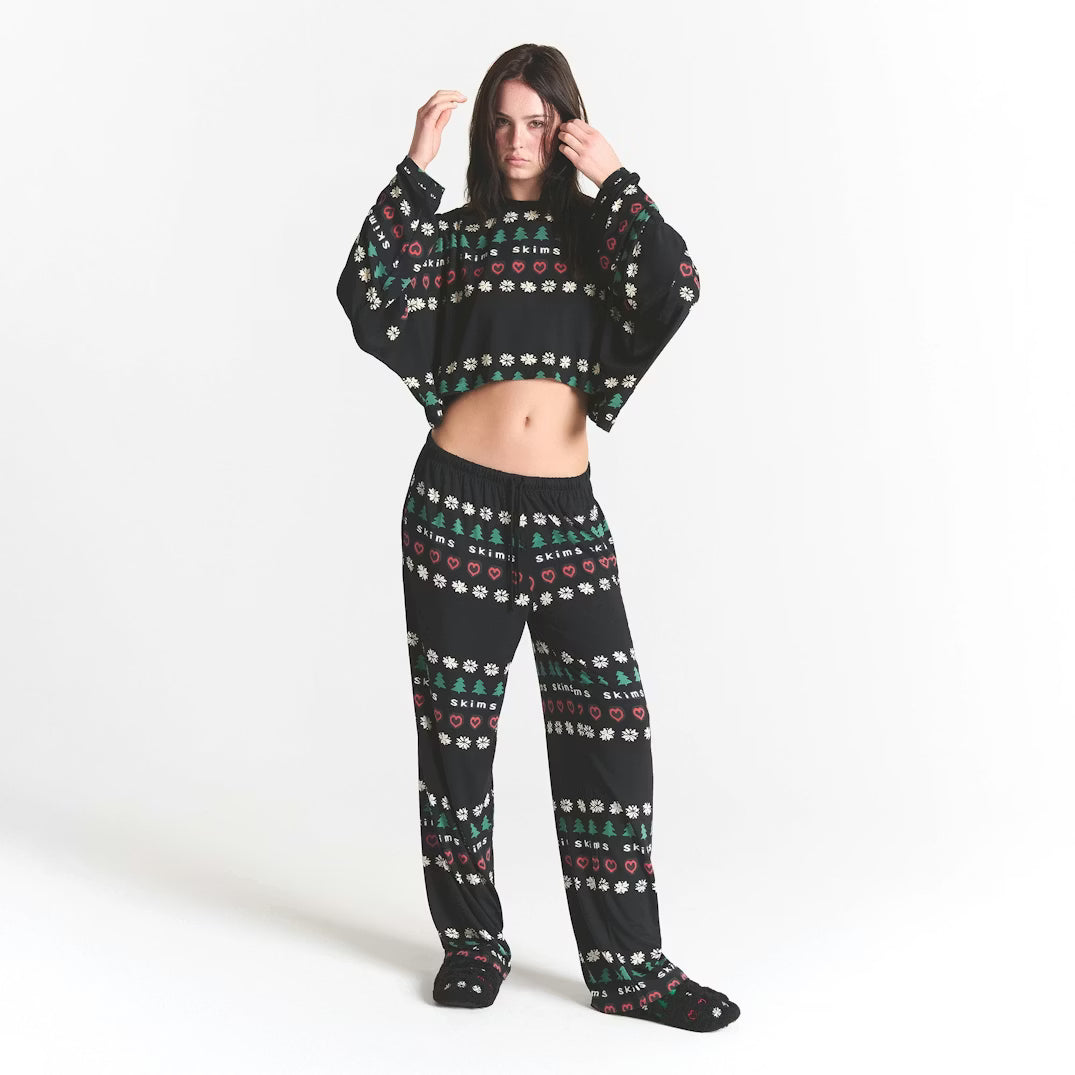 CACTUS PLANT FLEA MARKET X SKIMS SKIMS SLEEP CROPPED LONG SLEEVE AND PANT SET | ONYX PINE FAIR ISLE