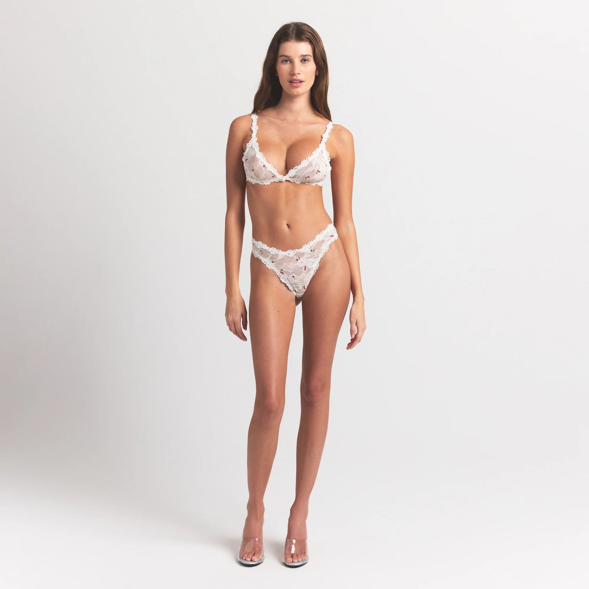 STRETCH LACE TRIANGLE BRALETTE | IVORY CHERRY PRINT