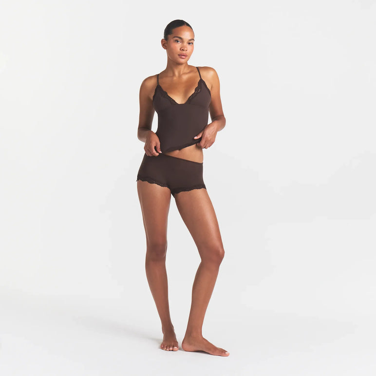 FITS EVERYBODY LACE TRIANGLE CAMI AND BOY SHORT SET | ESPRESSO