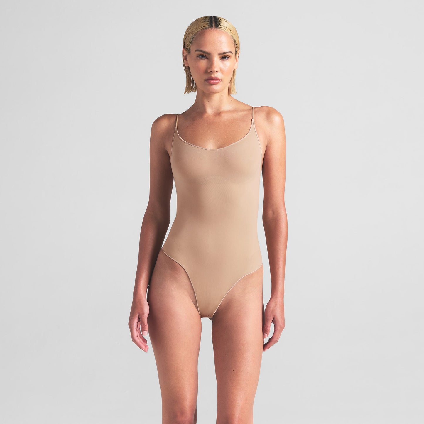 SHEER SEAMLESS THONG BODYSUIT | CLAY