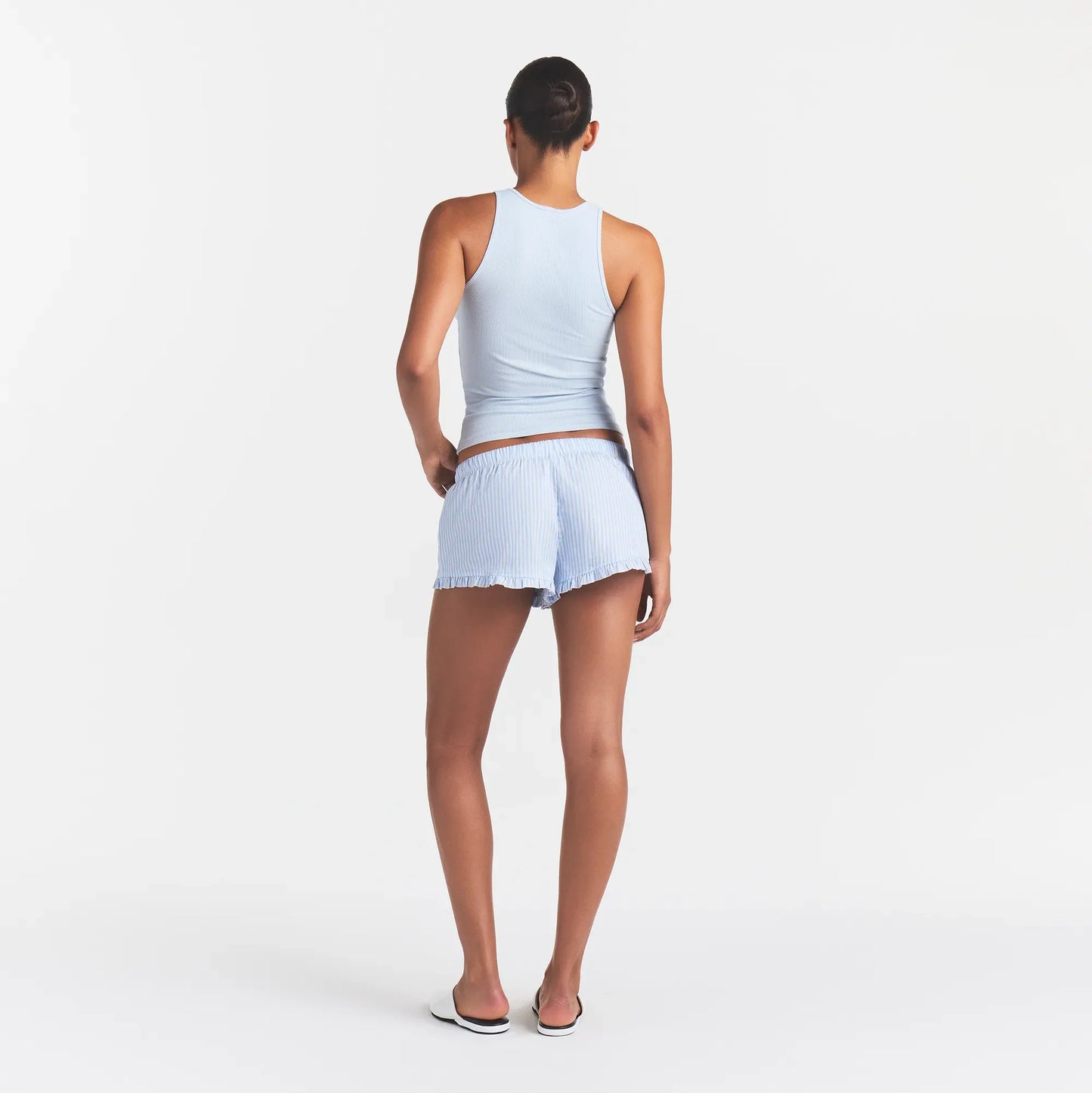 COTTON POPLIN SLEEP RUFFLE SHORT | MARINA MESH STRIPE