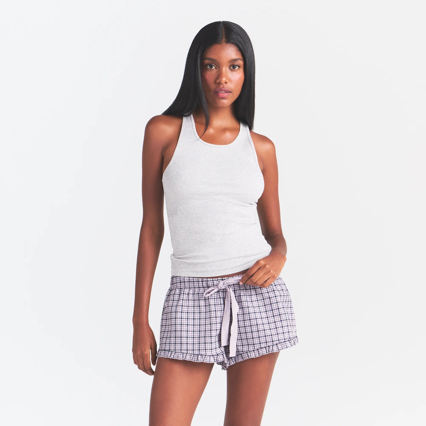 COTTON POPLIN SLEEP RUFFLE SHORT | IRIS MICA NAVY CHECK