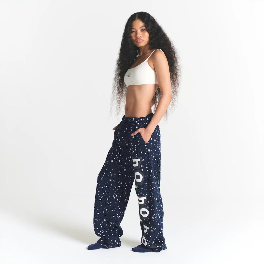 CACTUS PLANT FLEA MARKET X SKIMS COTTON FLEECE STRAIGHT LEG PANT | NAVY HO HO HO SNOW PRINT