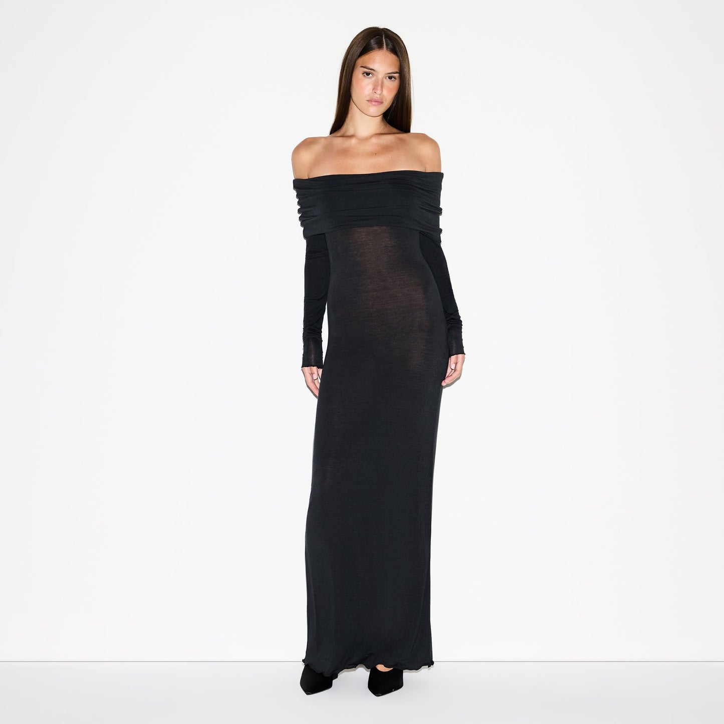 SHEER MODAL OFF SHOULDER LONG DRESS | ONYX