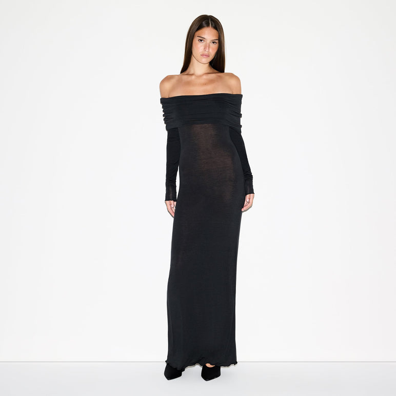 SHEER MODAL OFF SHOULDER LONG DRESS | ONYX