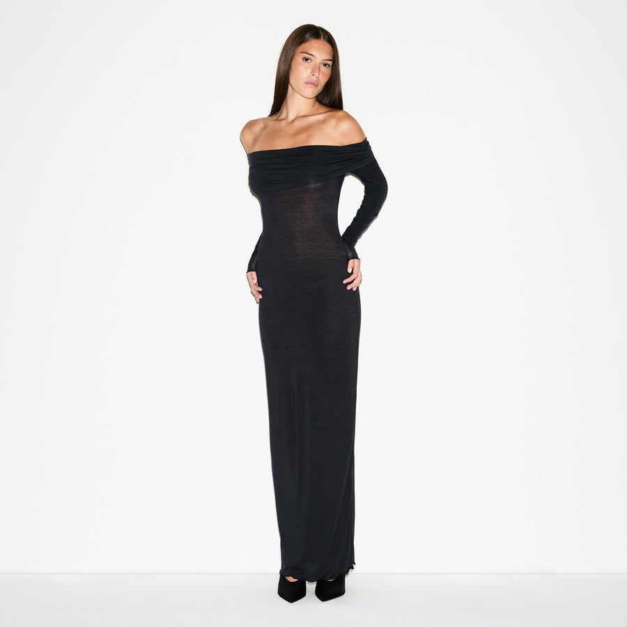 SHEER MODAL OFF SHOULDER LONG DRESS | ONYX