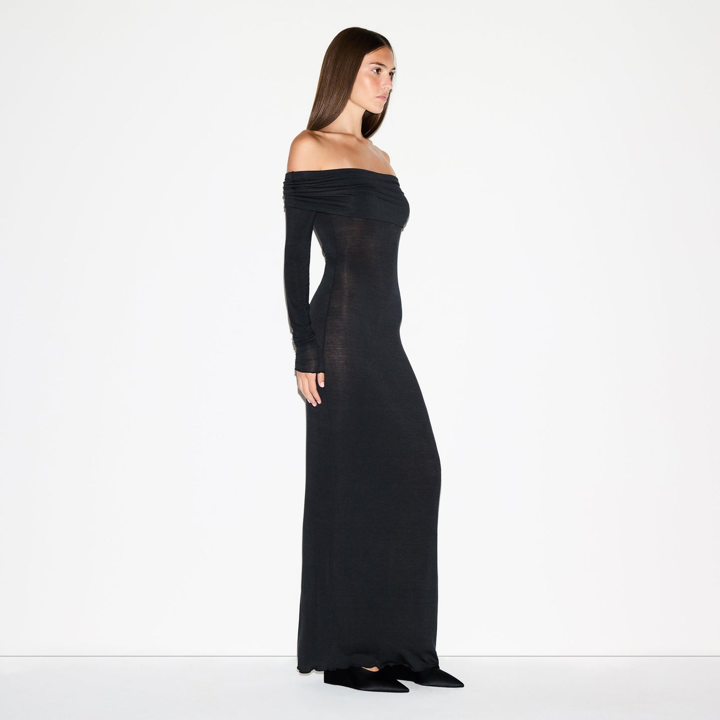 SHEER MODAL OFF SHOULDER LONG DRESS | ONYX