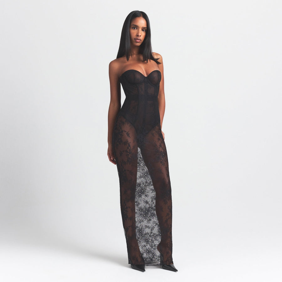 ULTRA FINE LACE STRAPLESS CORSET LONG DRESS | ONYX