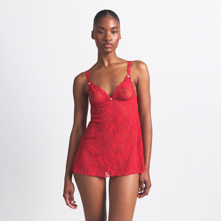 STRETCH LACE SLIP AND THONG SET | RED