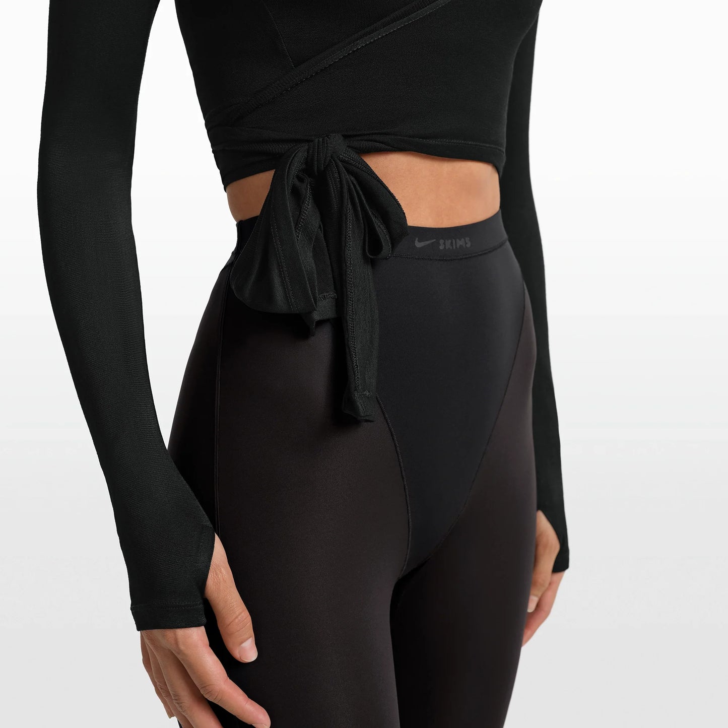 NikeSKIMS STRETCH KNIT WRAP LONG SLEEVE CROPPED TOP | OBSIDIAN