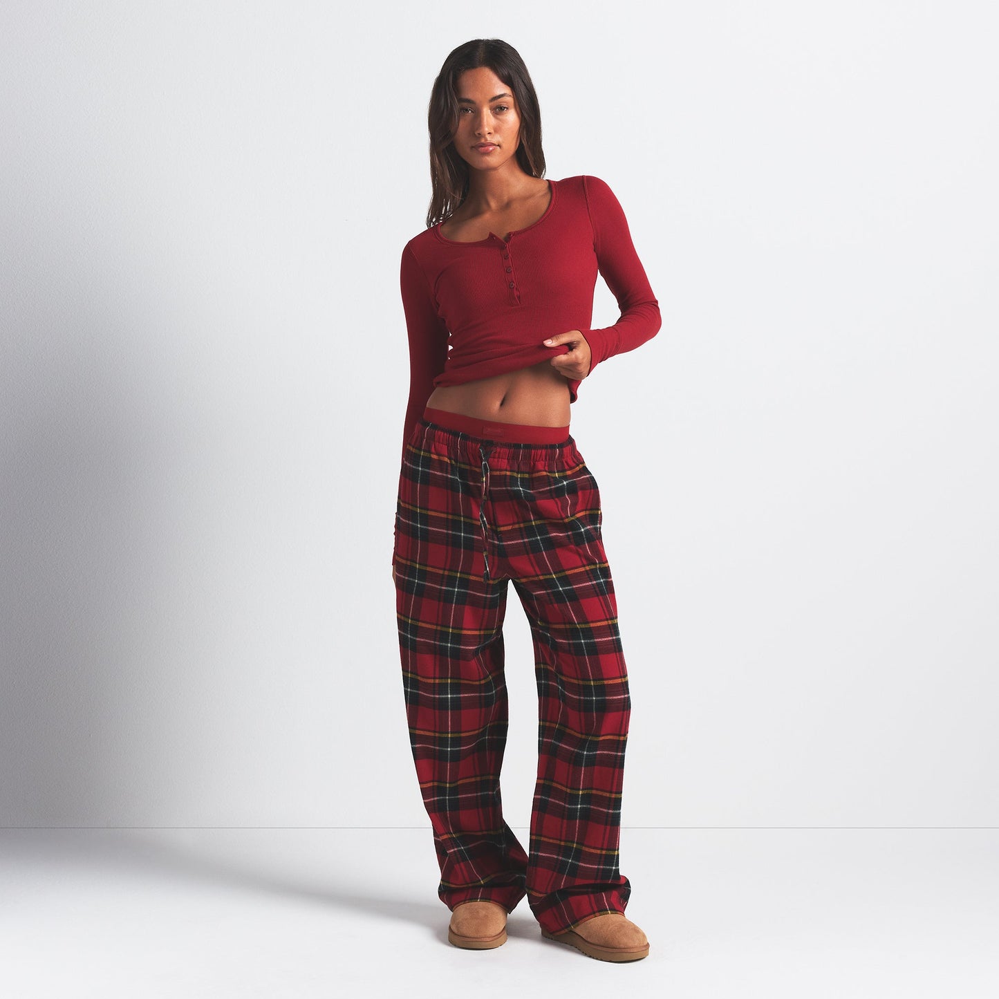 COTTON RIB SCOOP NECK HENLEY | BRICK