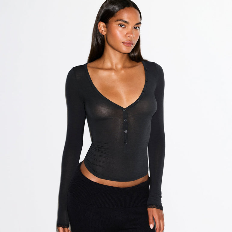 SHEER MODAL LONG SLEEVE HENLEY | ONYX