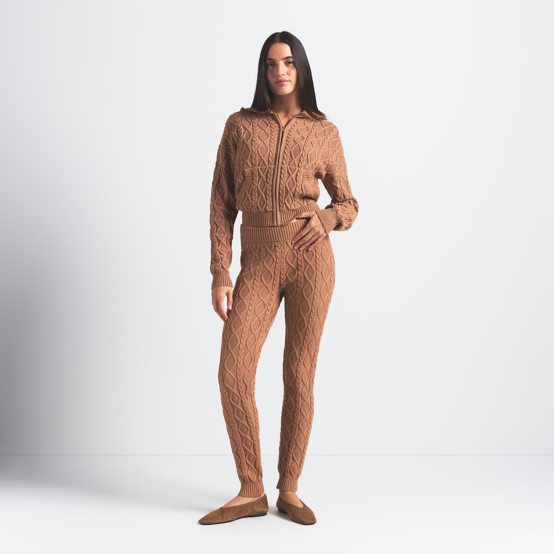 SWEATER KNIT SHRUNKEN ZIP UP HOODIE | DARK HONEY