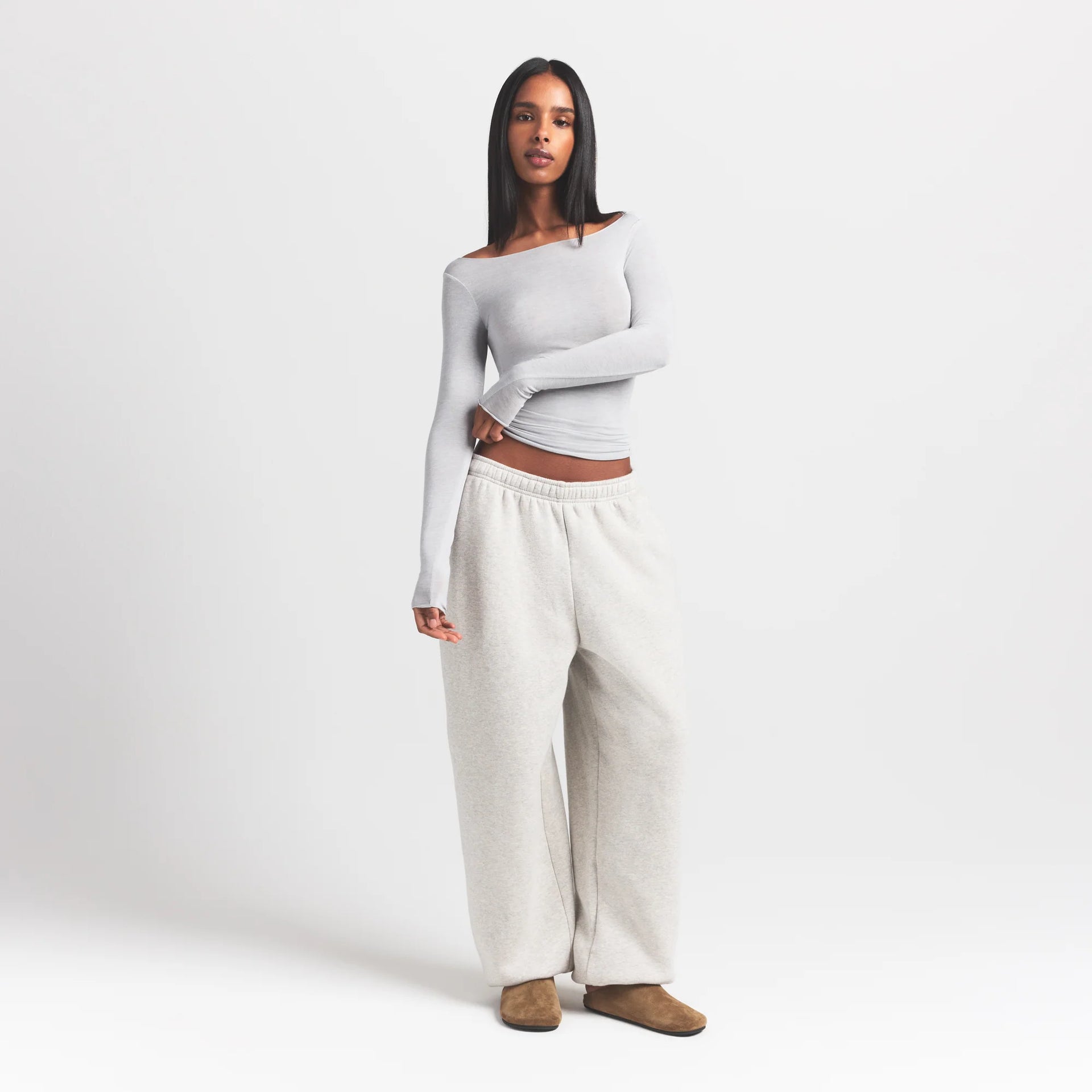 SHEER MODAL LONG SLEEVE BOATNECK TOP | HEATHER GREY