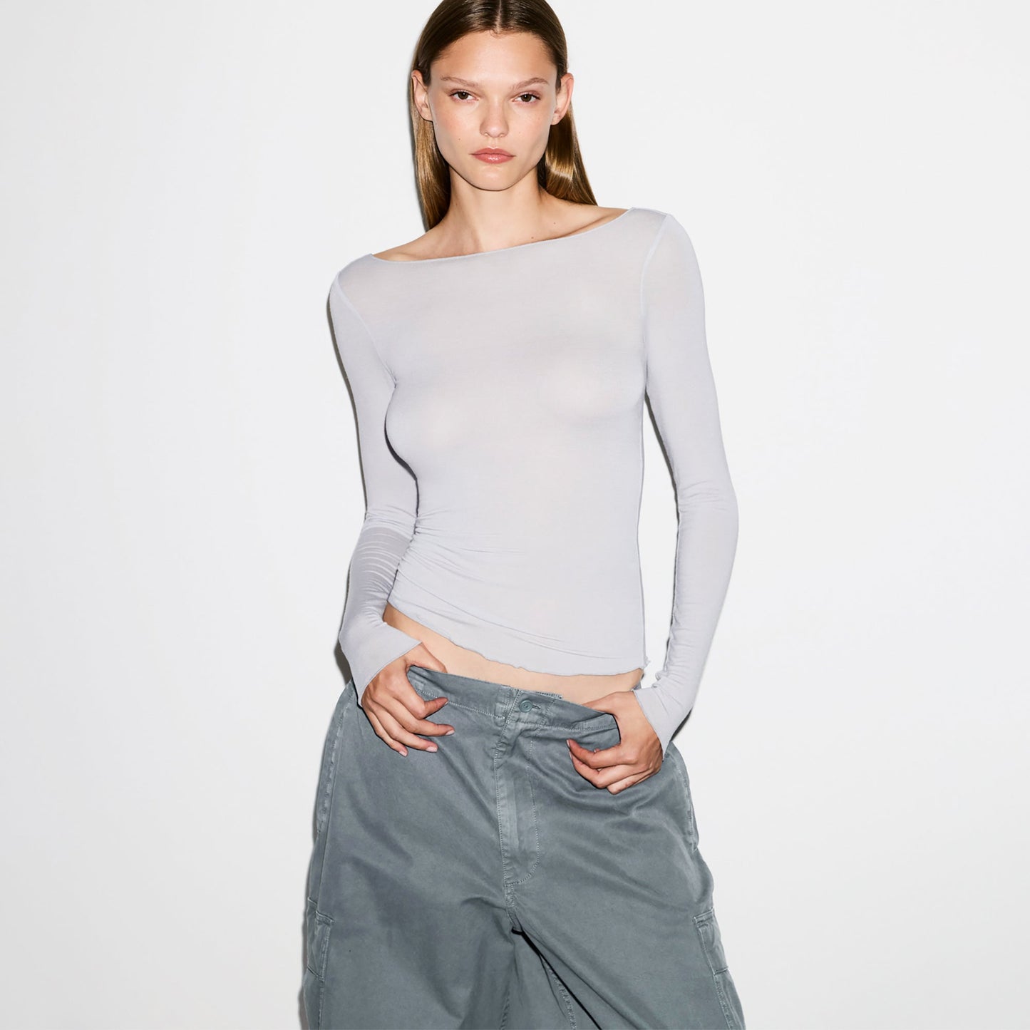 SHEER MODAL LONG SLEEVE BOATNECK TOP | MIST