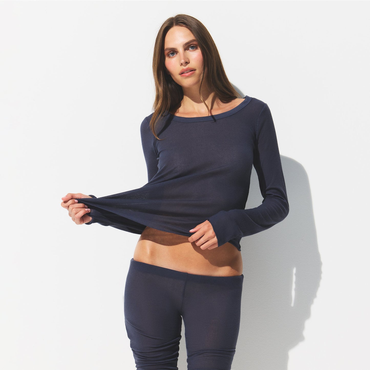 SHEER RIB LONG SLEEVE CREW NECK TOP | SLEET