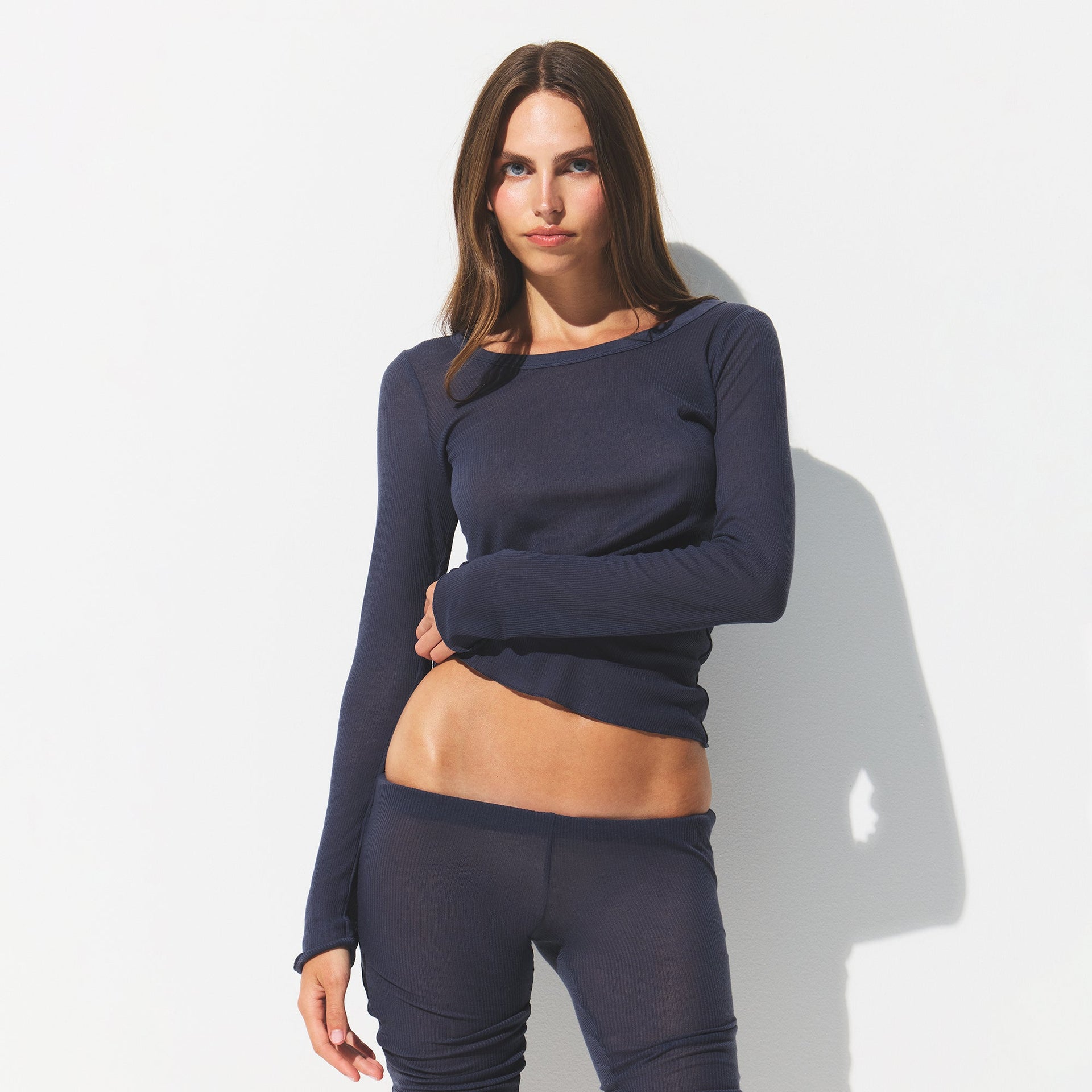 SHEER RIB LONG SLEEVE CREW NECK TOP | SLEET