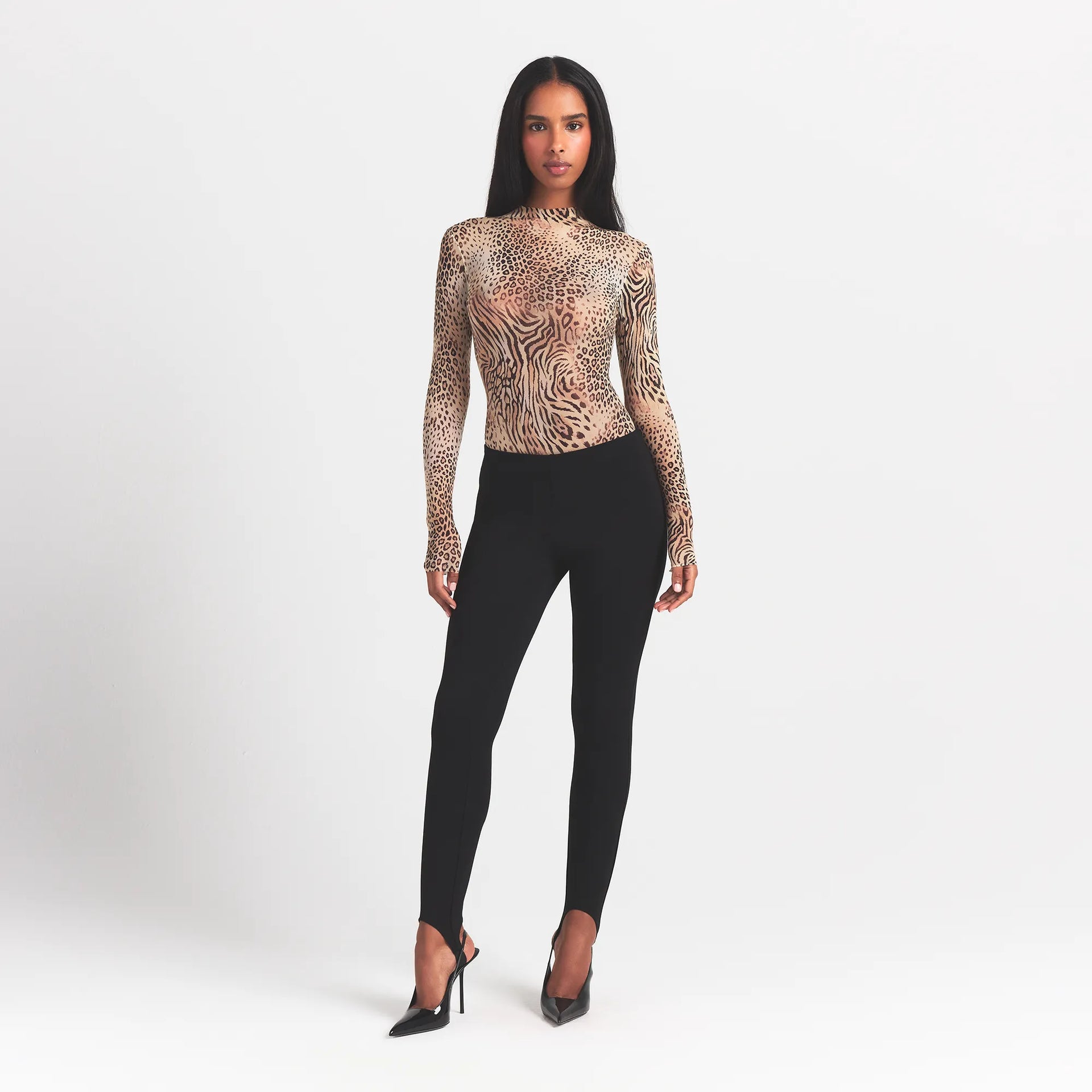 MILKY SHEER MOCK NECK LONG SLEEVE BODYSUIT | SAND MULTI ANIMAL