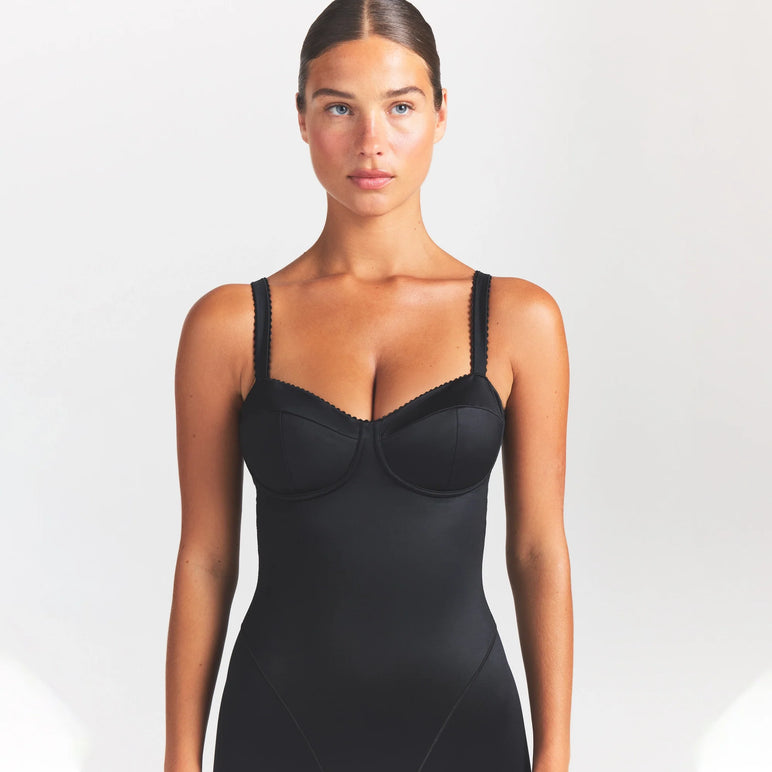 NikeSKIMS SATIN SHINE PANELED 26" ONE PIECE | OBSIDIAN