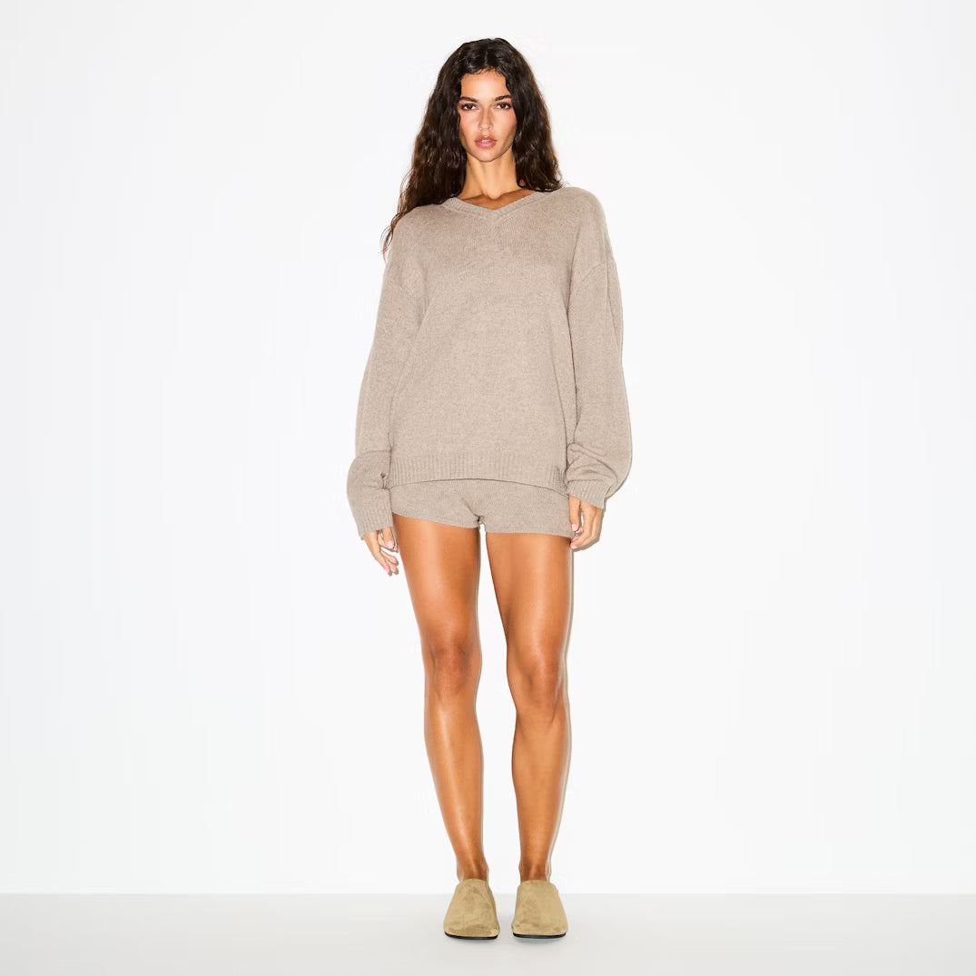 WOOL CASHMERE OVERSIZED V NECK SWEATER | LINEN