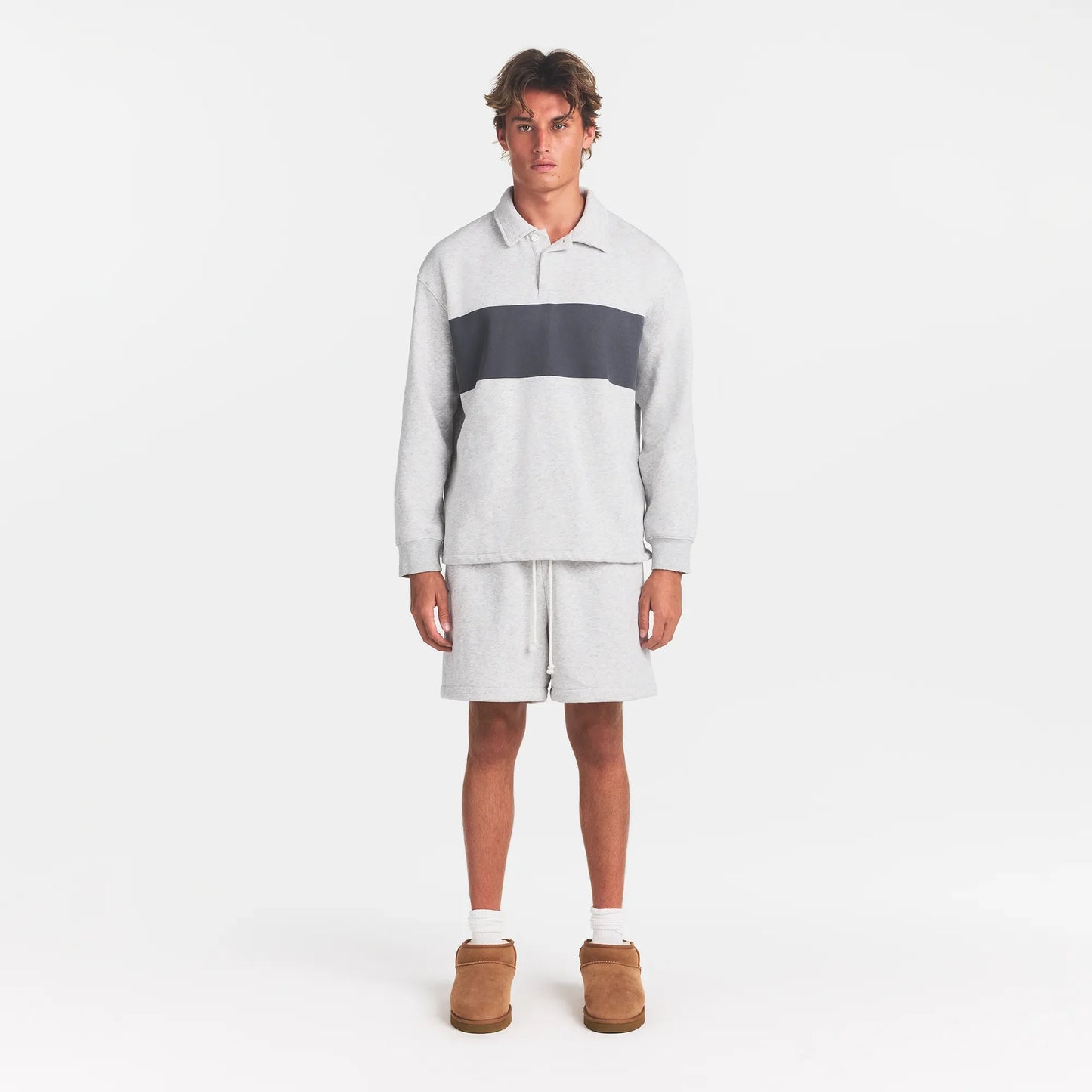 FLEECE LOUNGE MENS RUGBY POLO | LIGHT HEATHER GREY