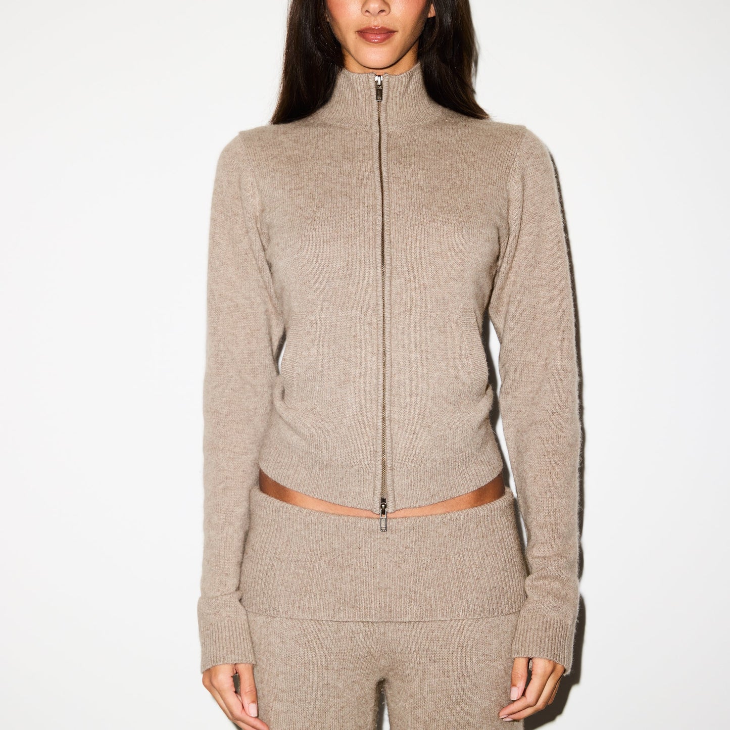 WOOL CASHMERE ZIP UP MOCK NECK SWEATER | LINEN
