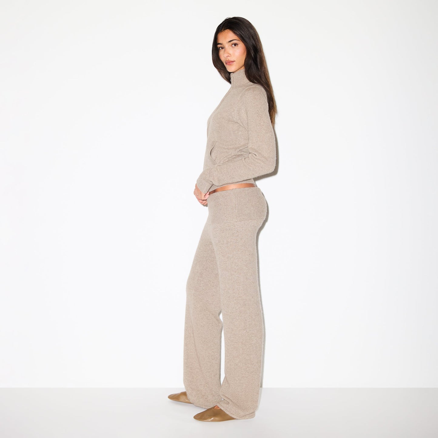 WOOL CASHMERE ZIP UP MOCK NECK SWEATER | LINEN