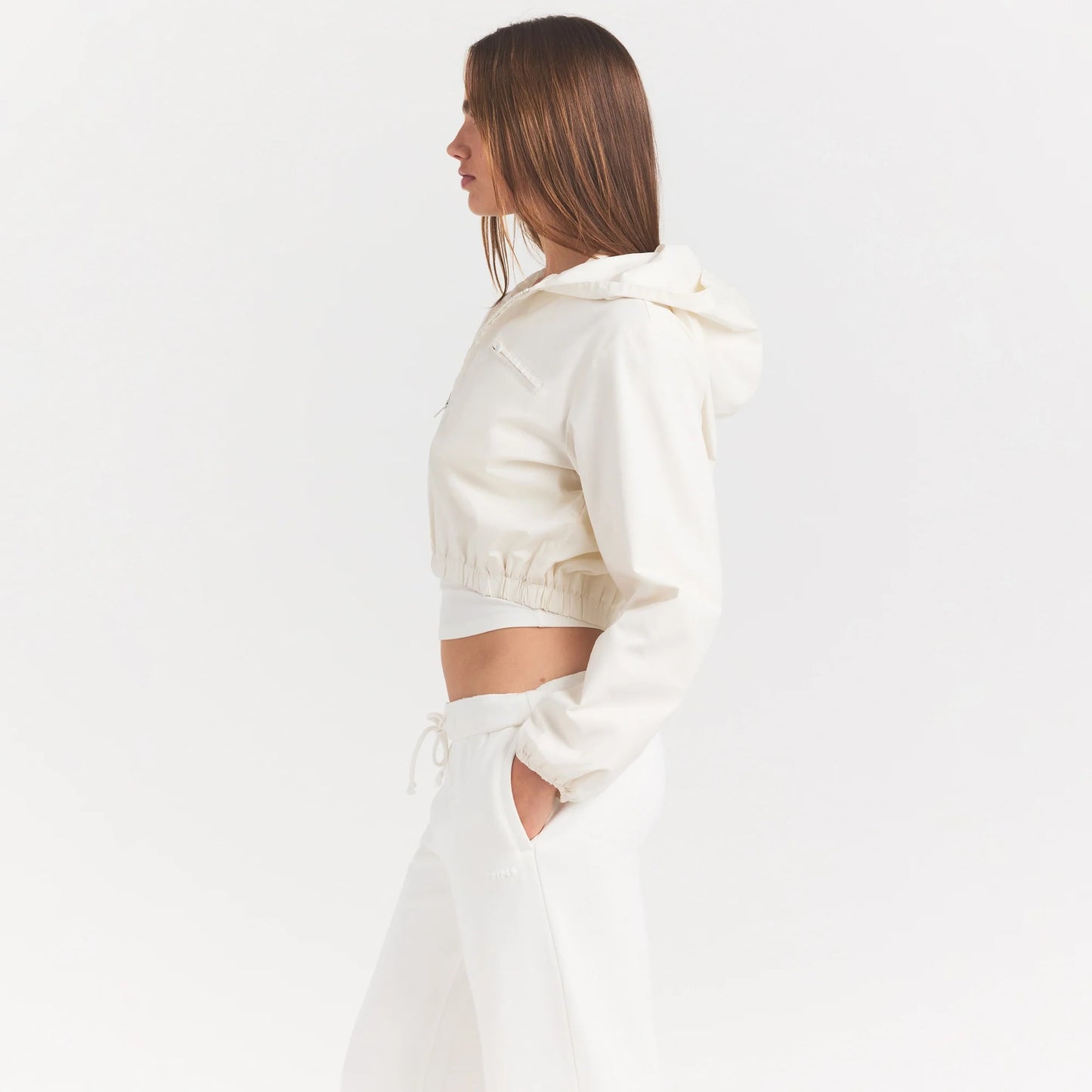 WOVEN COTTON CROPPED ZIP UP JACKET | EGRET