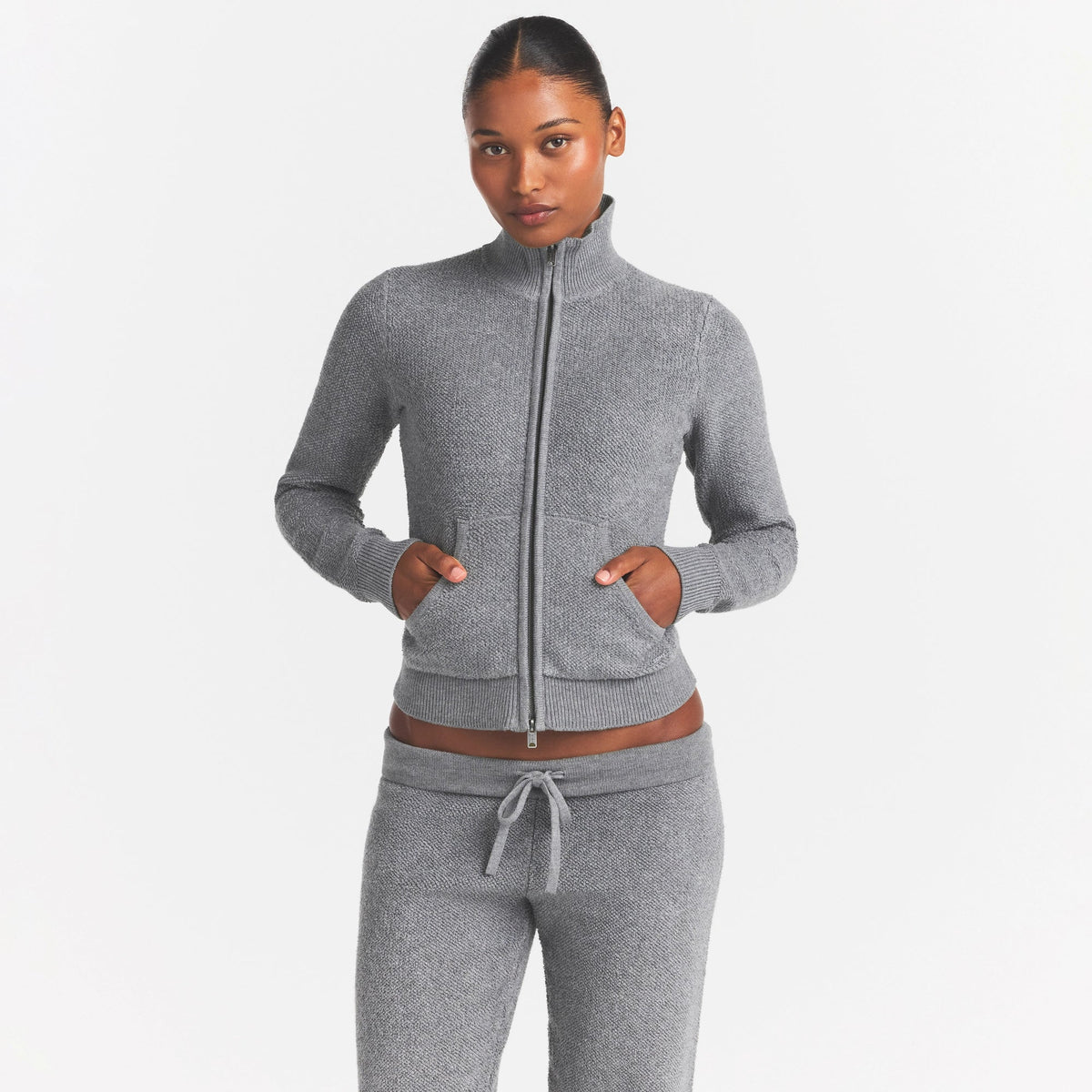TEXTURED KNIT SHERPA ZIP UP | DARK HEATHER GREY