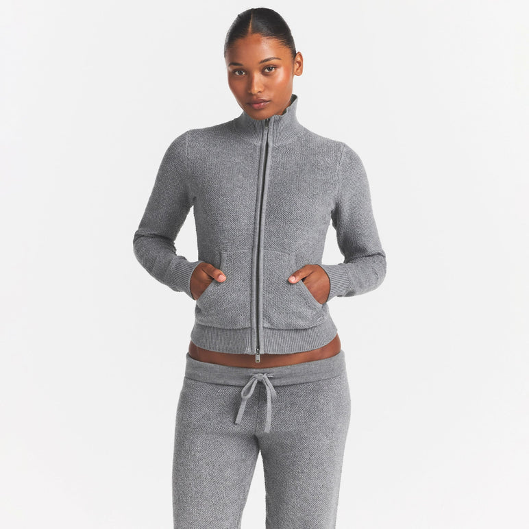 TEXTURED KNIT SHERPA ZIP UP | DARK HEATHER GREY