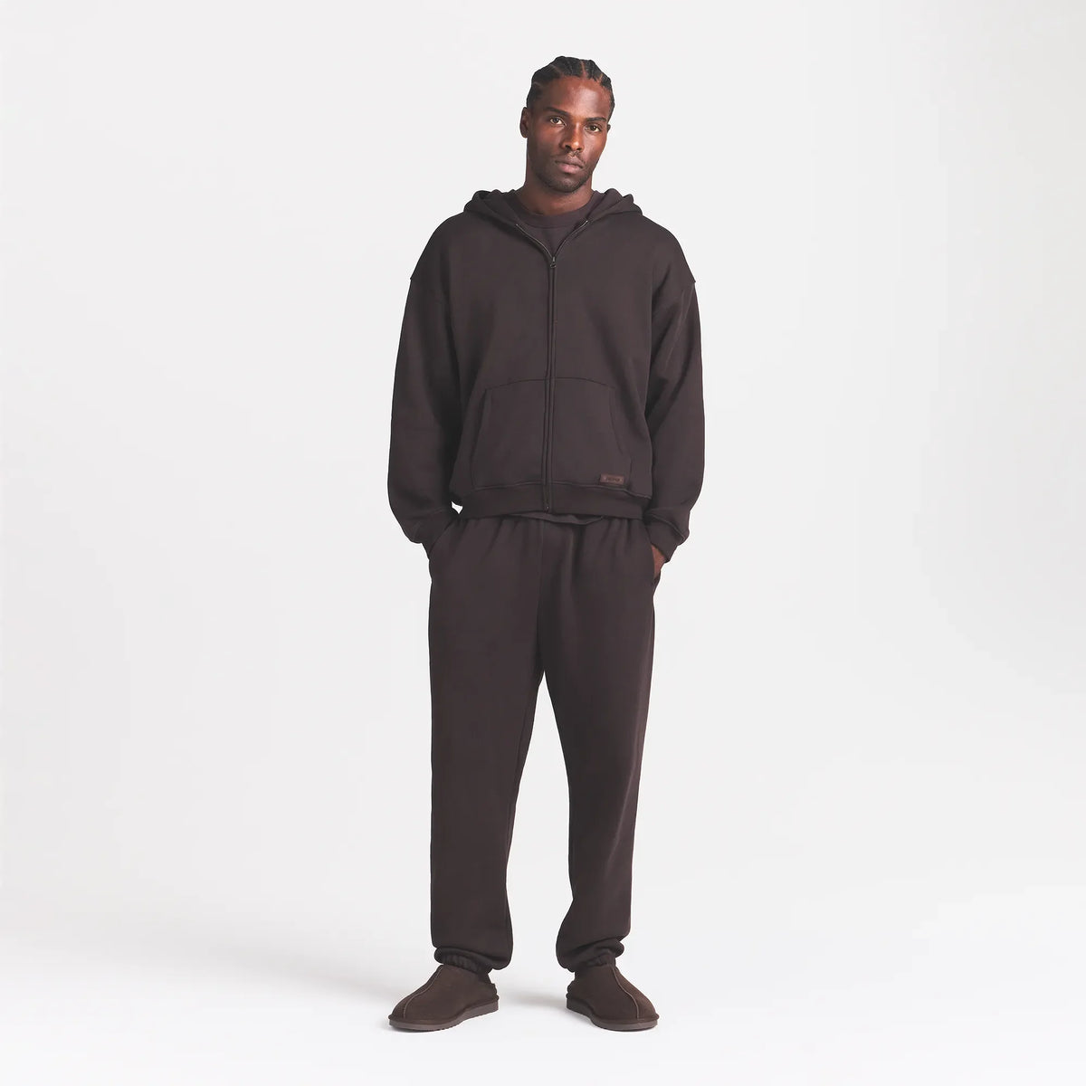 FLEECE LOUNGE MENS RELAXED ZIP UP HOODIE | DARK ROAST