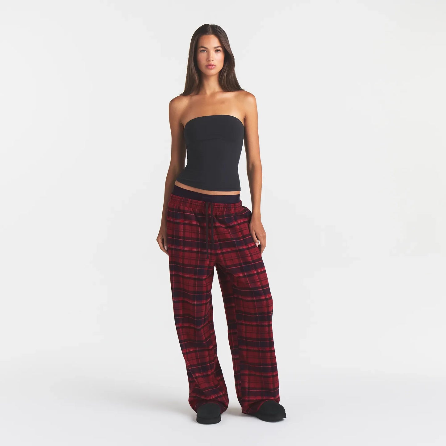 OUTDOOR FLANNEL OVERSIZED DOUBLE WAISTBAND PANT | MERLOT CABIN PLAID
