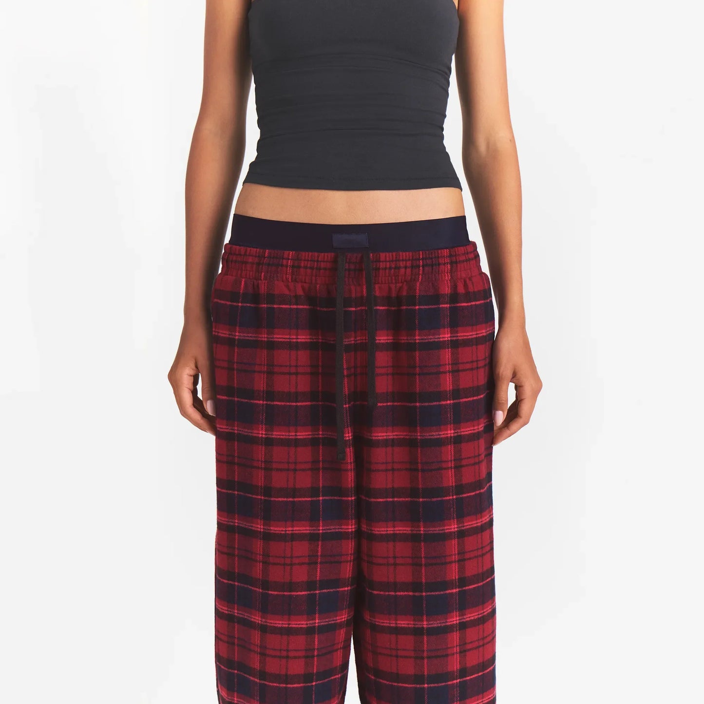 OUTDOOR FLANNEL OVERSIZED DOUBLE WAISTBAND PANT | MERLOT CABIN PLAID