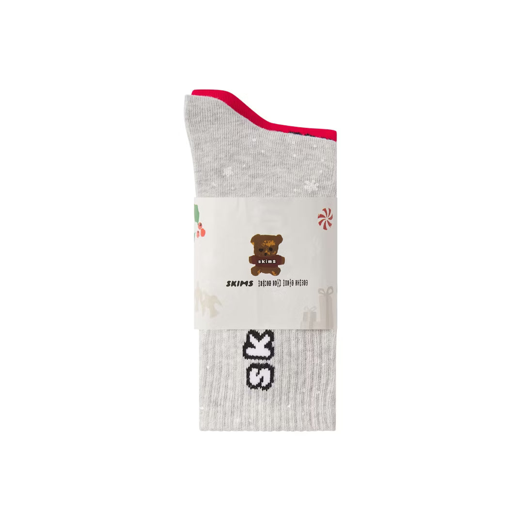 CACTUS PLANT FLEA MARKET X SKIMS RIBBED CREW SOCK 2-PACK | LIGHT HEATHER GREY AND RED