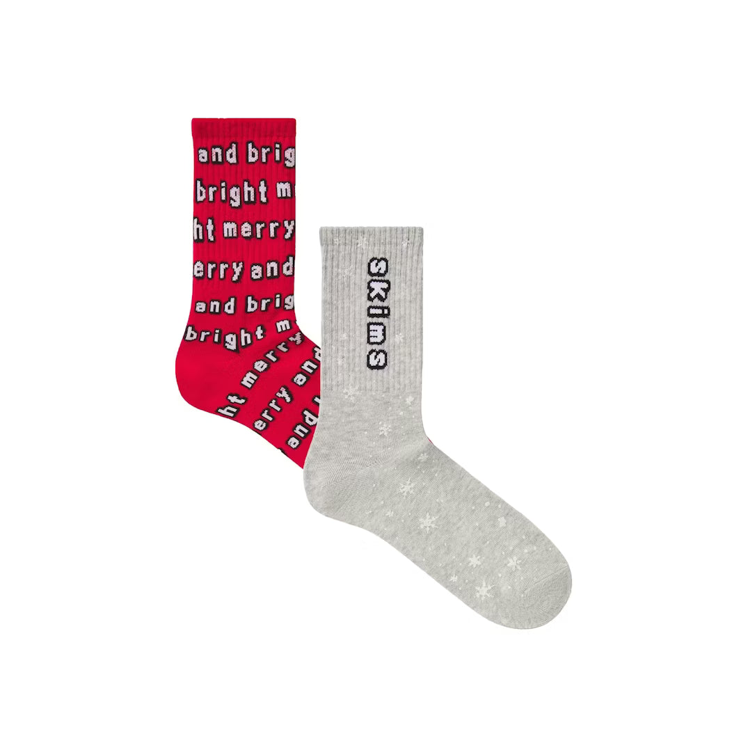CACTUS PLANT FLEA MARKET X SKIMS RIBBED CREW SOCK 2-PACK | LIGHT HEATHER GREY AND RED