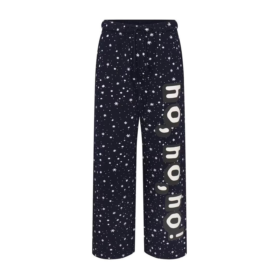 CACTUS PLANT FLEA MARKET X SKIMS COTTON FLEECE STRAIGHT LEG PANT | NAVY HO HO HO SNOW PRINT