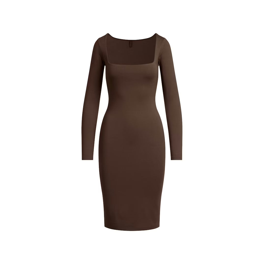 SMOOTH LAYERS SQUARE NECK MIDI DRESS | ESPRESSO
